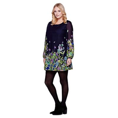 Yumi Curves Blue Yumi Curves Floral Butterfly Long Sleeve Tunic Dress